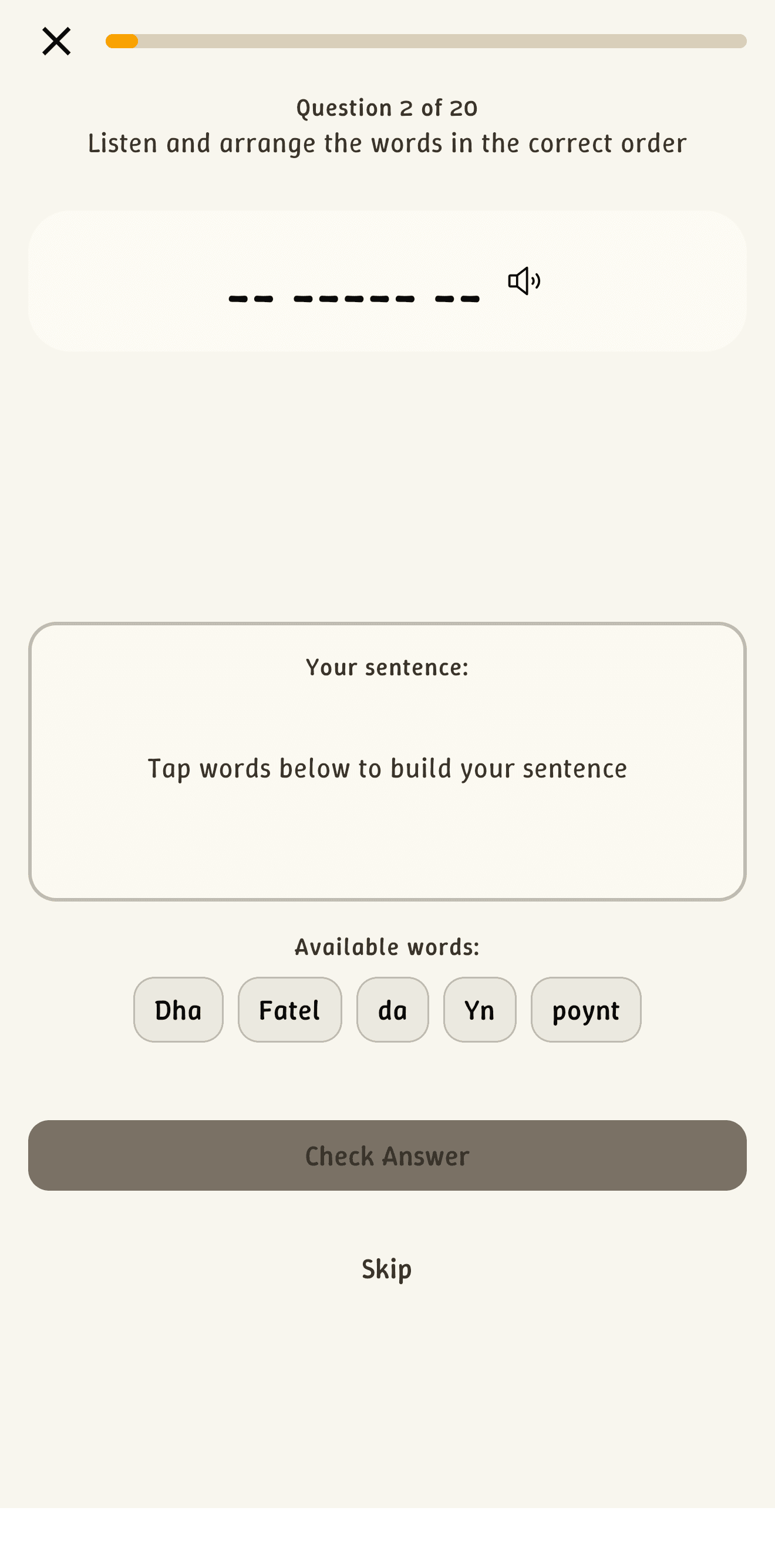 Lesson playing audio and asking the learner to arrange the Cornish words in order