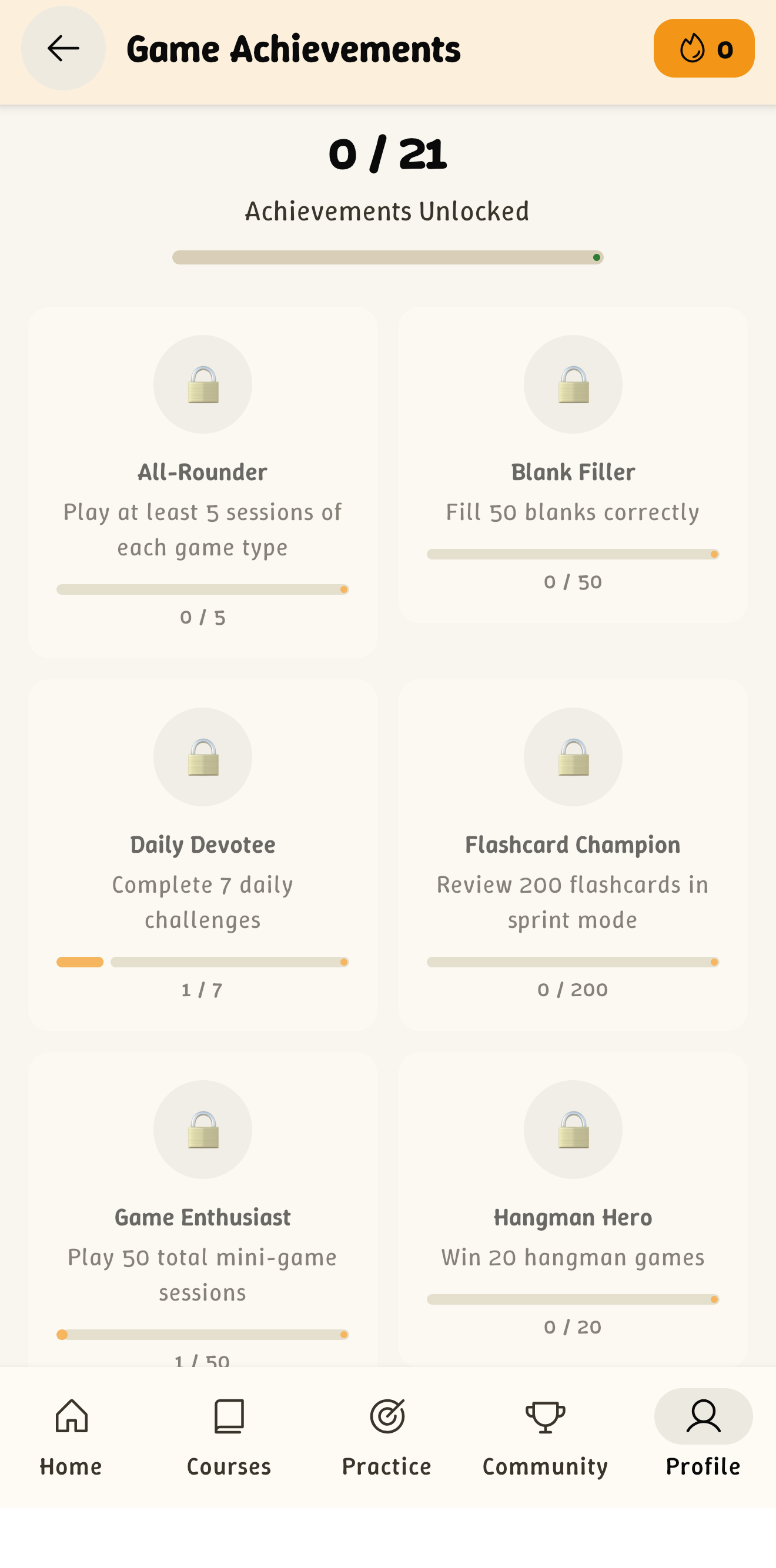 Game achievements page tracking progress across mini-game challenges