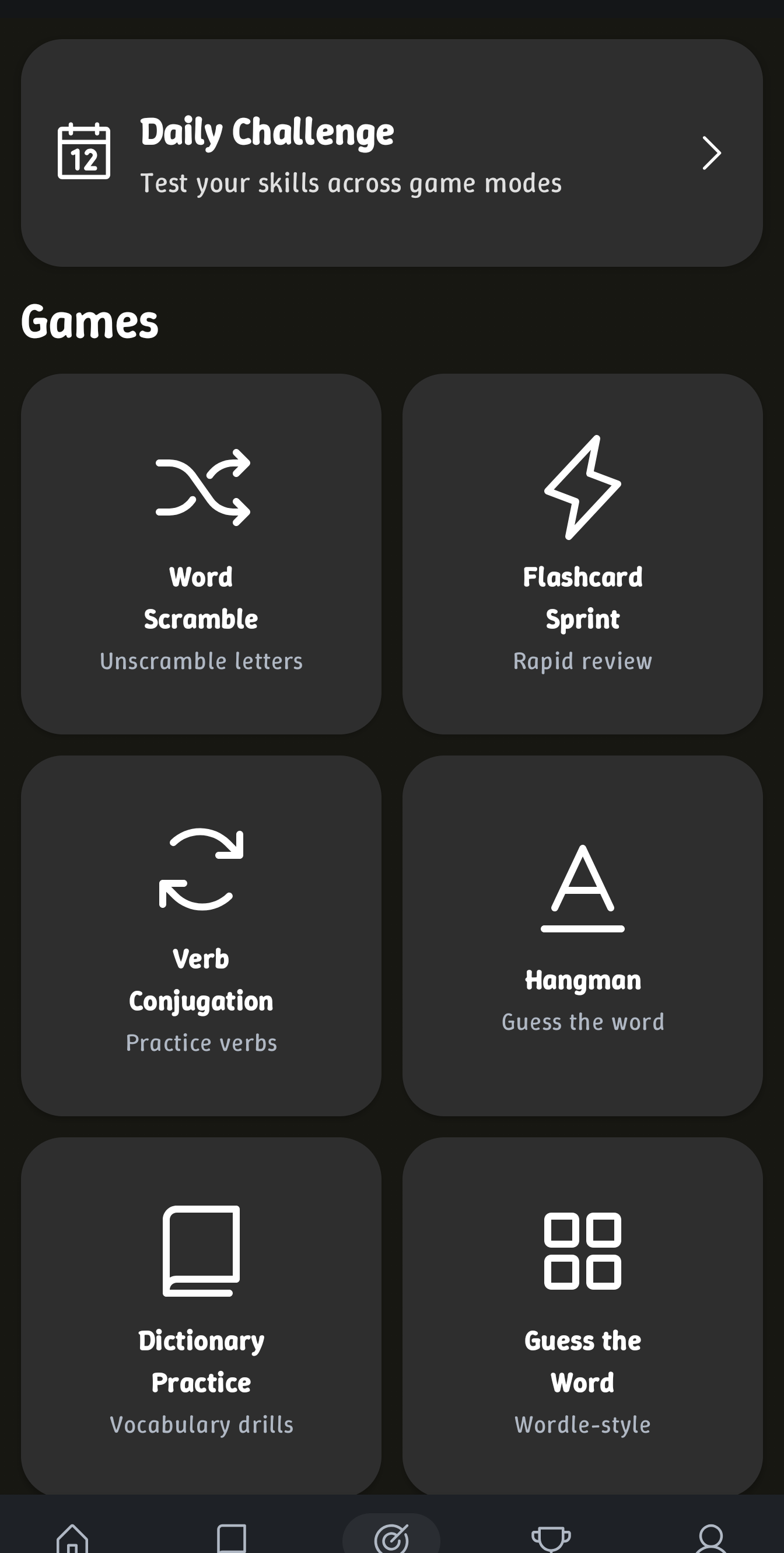 Games menu showing word scramble, flashcard sprint, verb conjugation and more