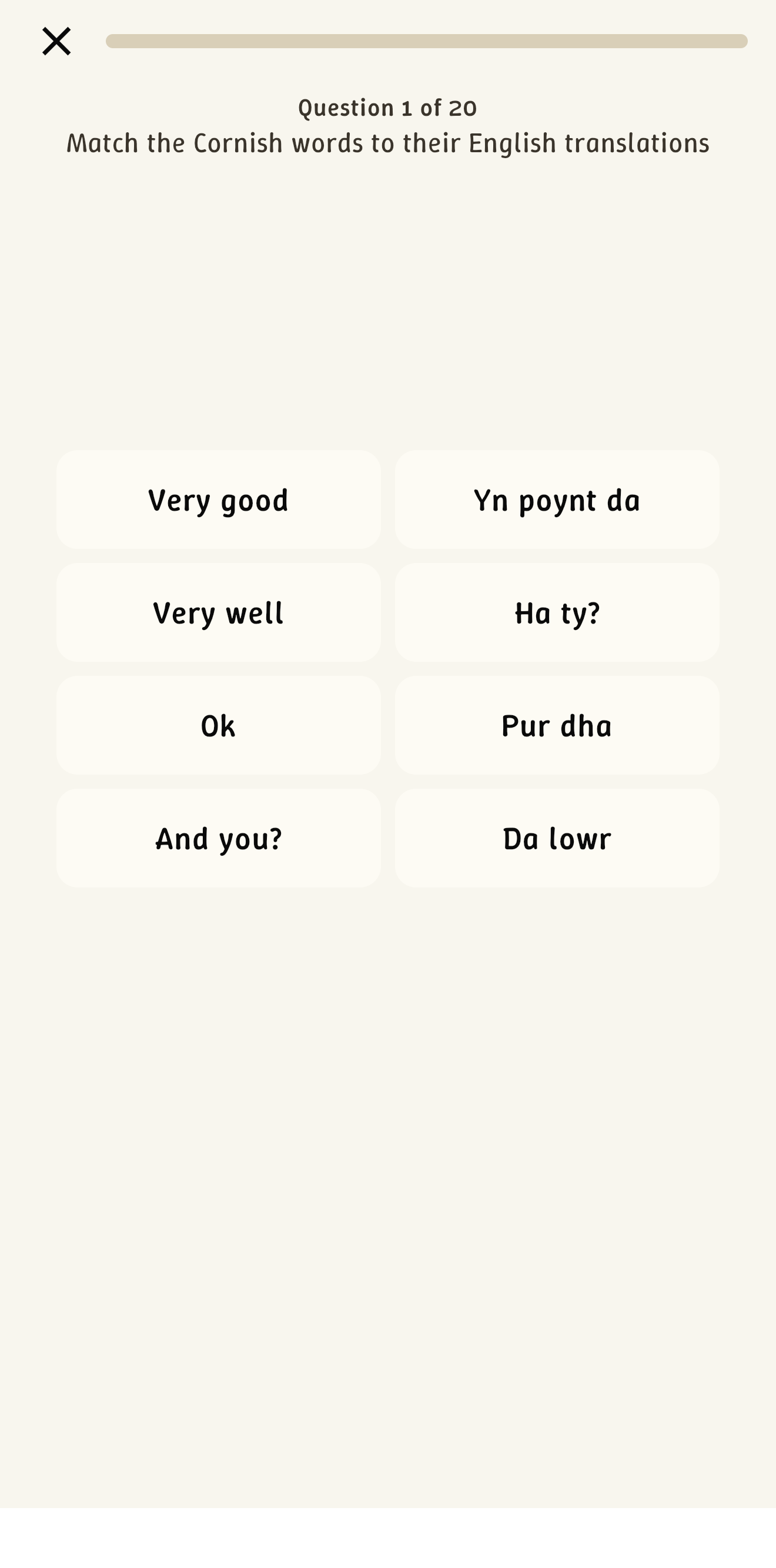 Lesson asking the learner to match Cornish words to their English translations